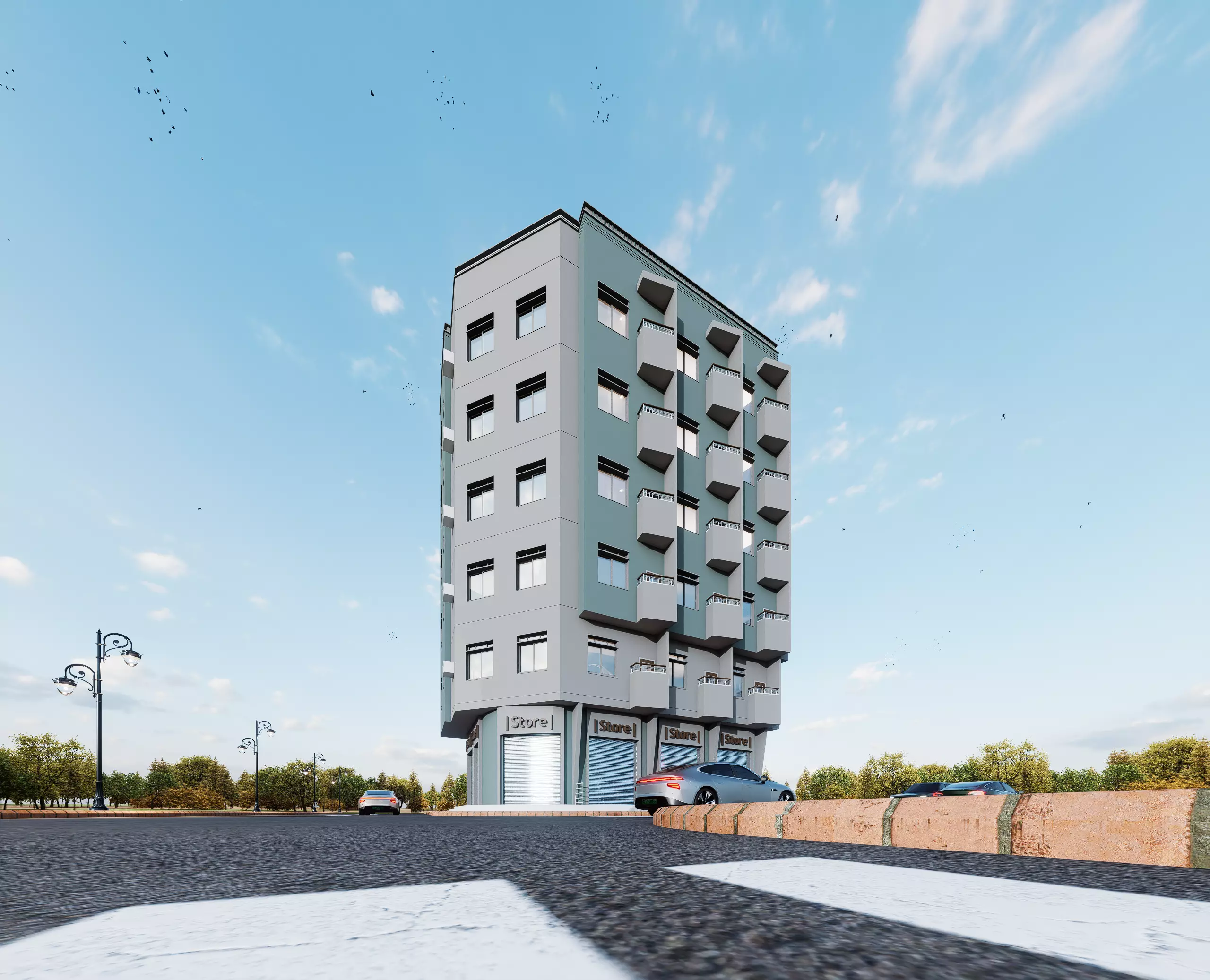 Modern Mixed-Use Building I Shops-6Floors Complete I 3D model_3