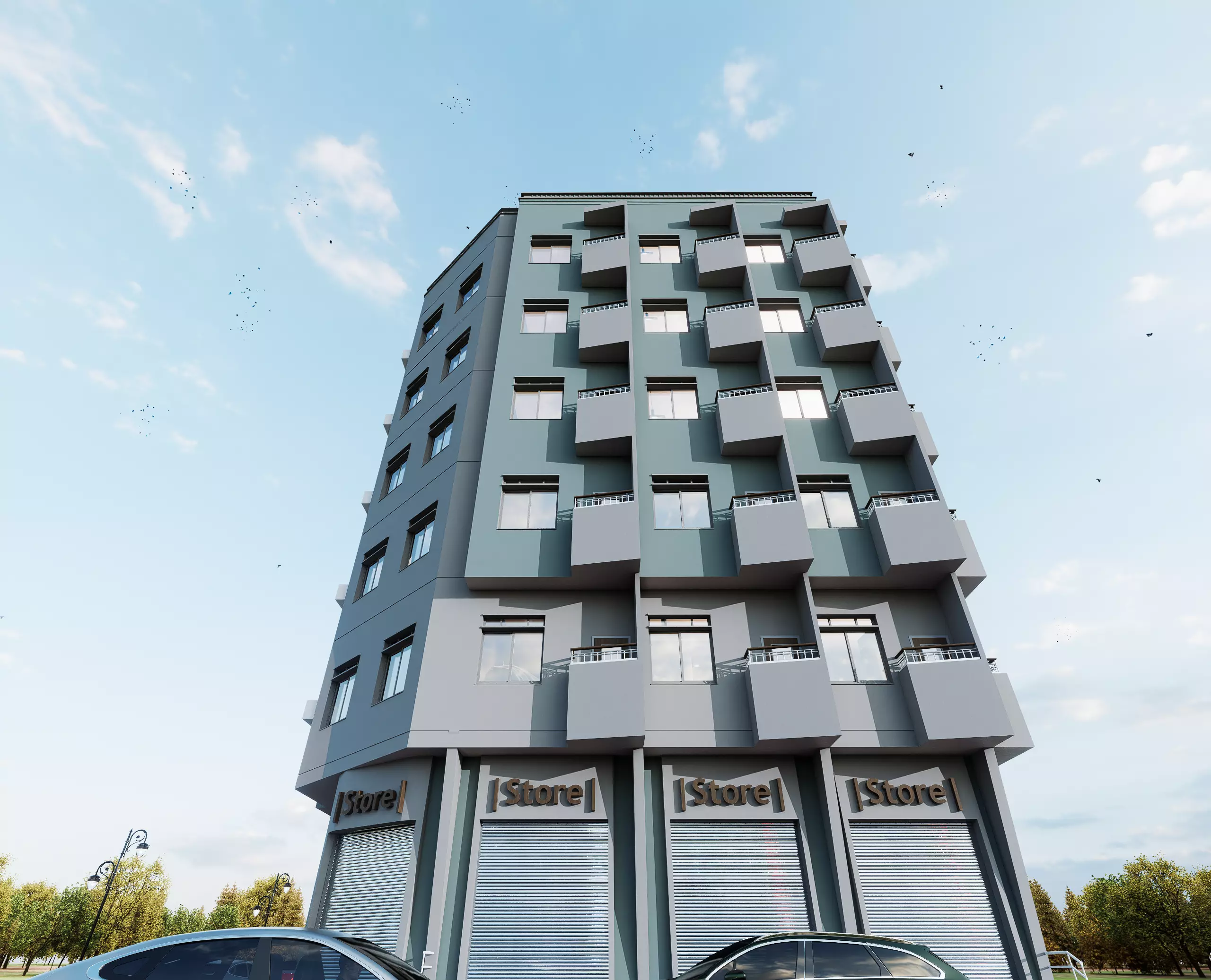 Modern Mixed-Use Building I Shops-6Floors Complete I 3D model_4