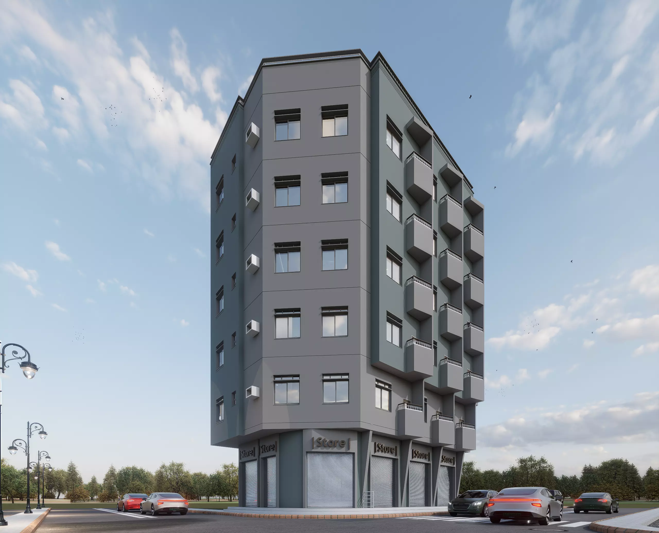 Modern Mixed-Use Building I Shops-6Floors Complete I 3D model_2