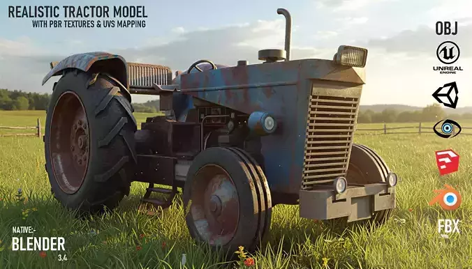 Realistic Old Tractor 3D Model