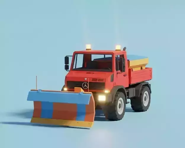 Low-Poly Mercedes-Benz Unimog Snowplow and Salt Spreader