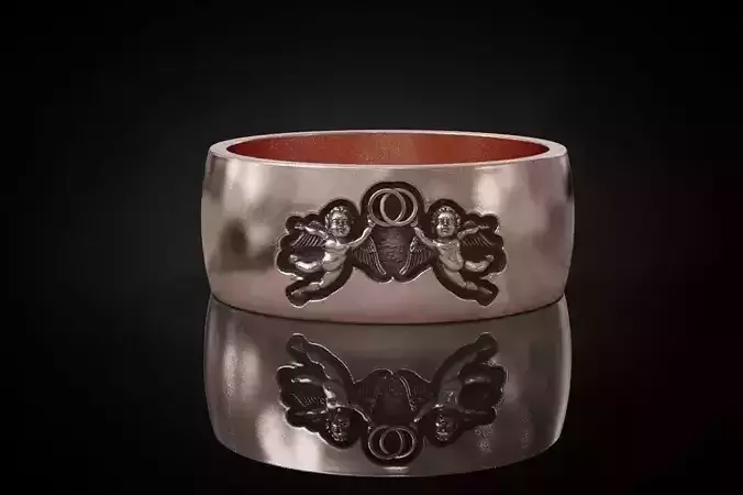 Wedding Band Ring with Engraved Angel Relief