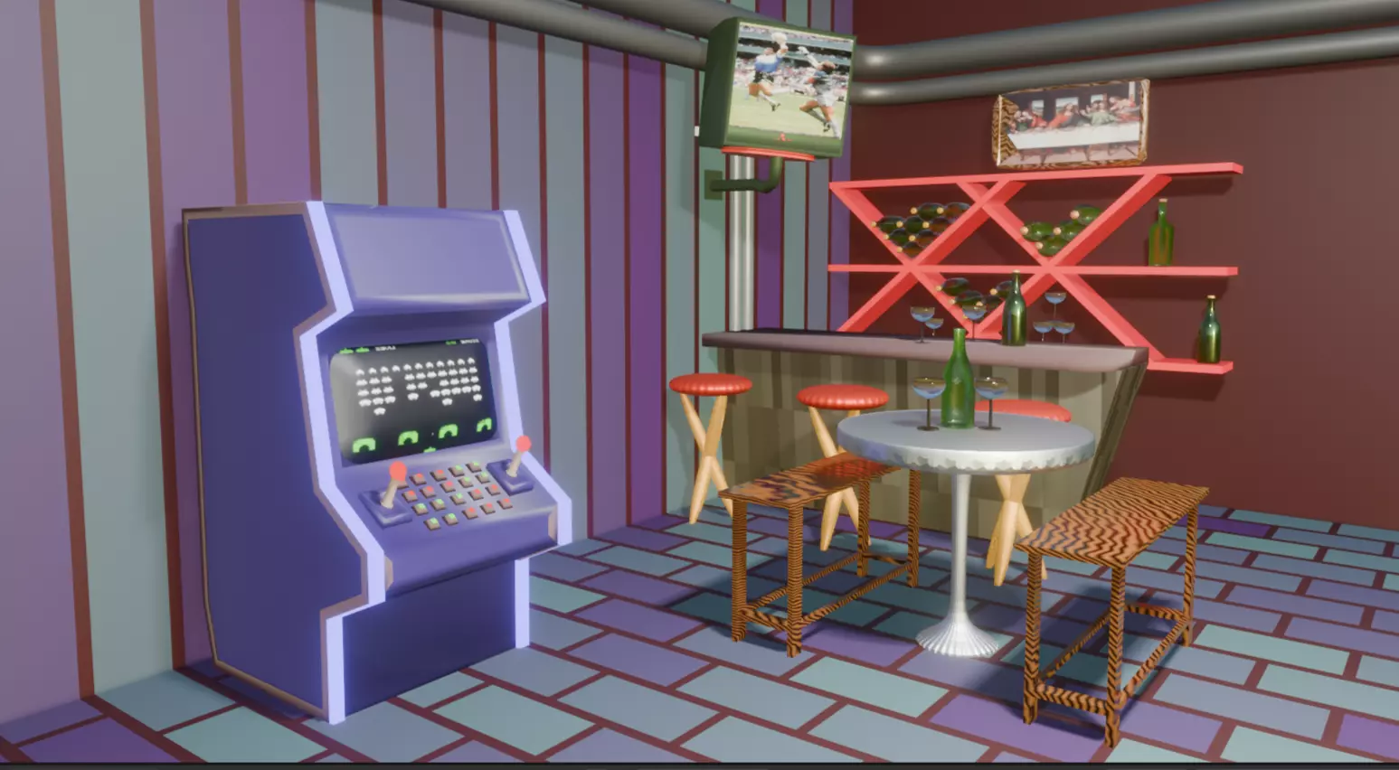 scene caffe Game room Low-poly 3D model_0