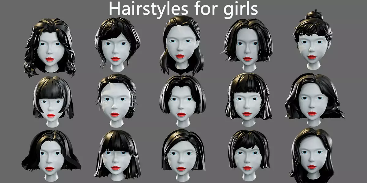 Hairstyles for girls Low poly 3D model Free low-poly 3D model_0