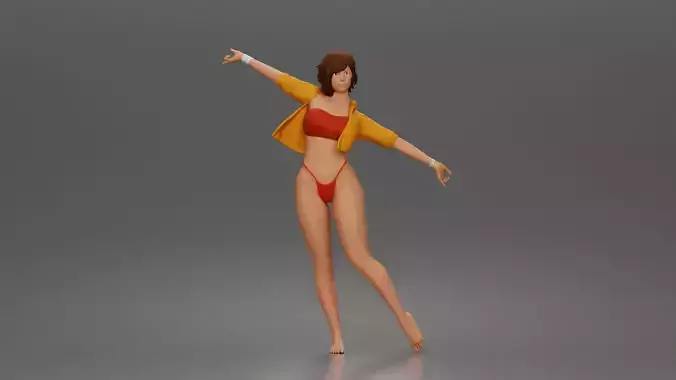 Woman dances wearing crop top jacket bikini bottoms barefoot