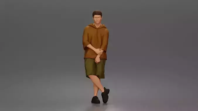 Man crosses arms wearing hoodie shorts sneakers relaxed