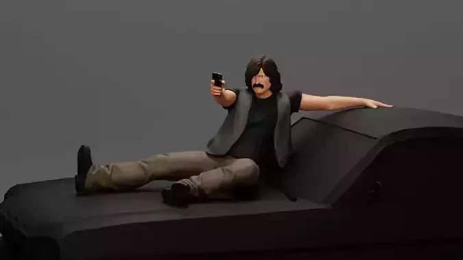 A man on a car aims a gun wearing a vest