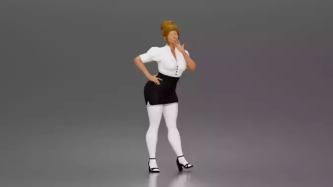 Secretary blows kiss wearing buttoned blouse skirt heels