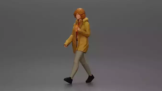 Woman walks sipping takeout drink wearing parka sweater leggings