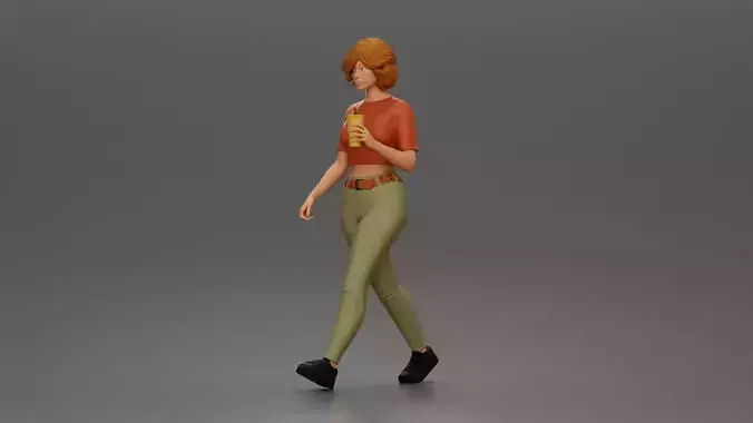 Woman strolls sipping beverage wearing crop top belted pants