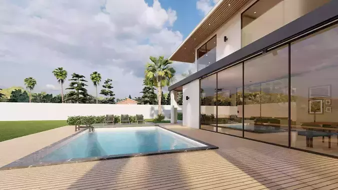 Modern Villa with Pool Landscape Terrace 3D model 5