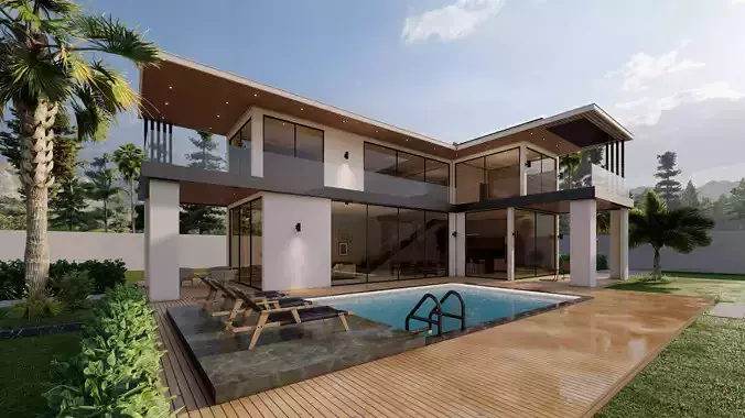 Modern Villa with Pool Landscape Terrace 3D model 4