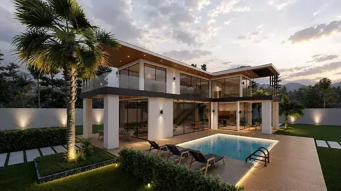 Modern Villa with Pool Landscape Terrace 3D model