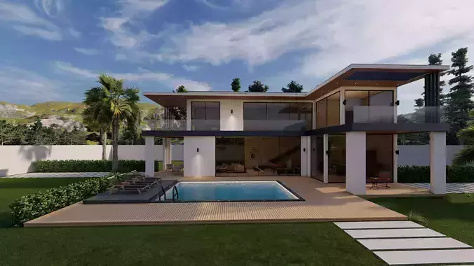 Modern Villa with Pool Landscape Terrace 3D model 3