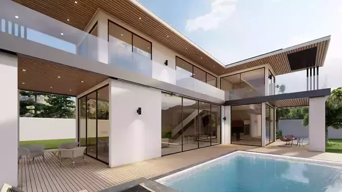 Modern Villa with Pool Landscape Terrace 3D model 2