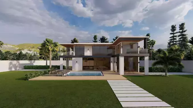 Modern Villa with Pool Landscape Terrace 3D model 7