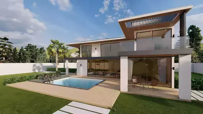 Modern Villa with Pool Landscape Terrace 3D model 6