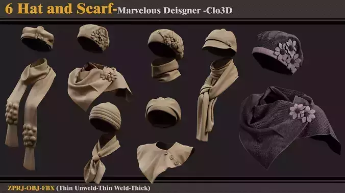 6 Women Hats and Scarfs-MD-CLo3D-ZPRJ-FBX-OBJ