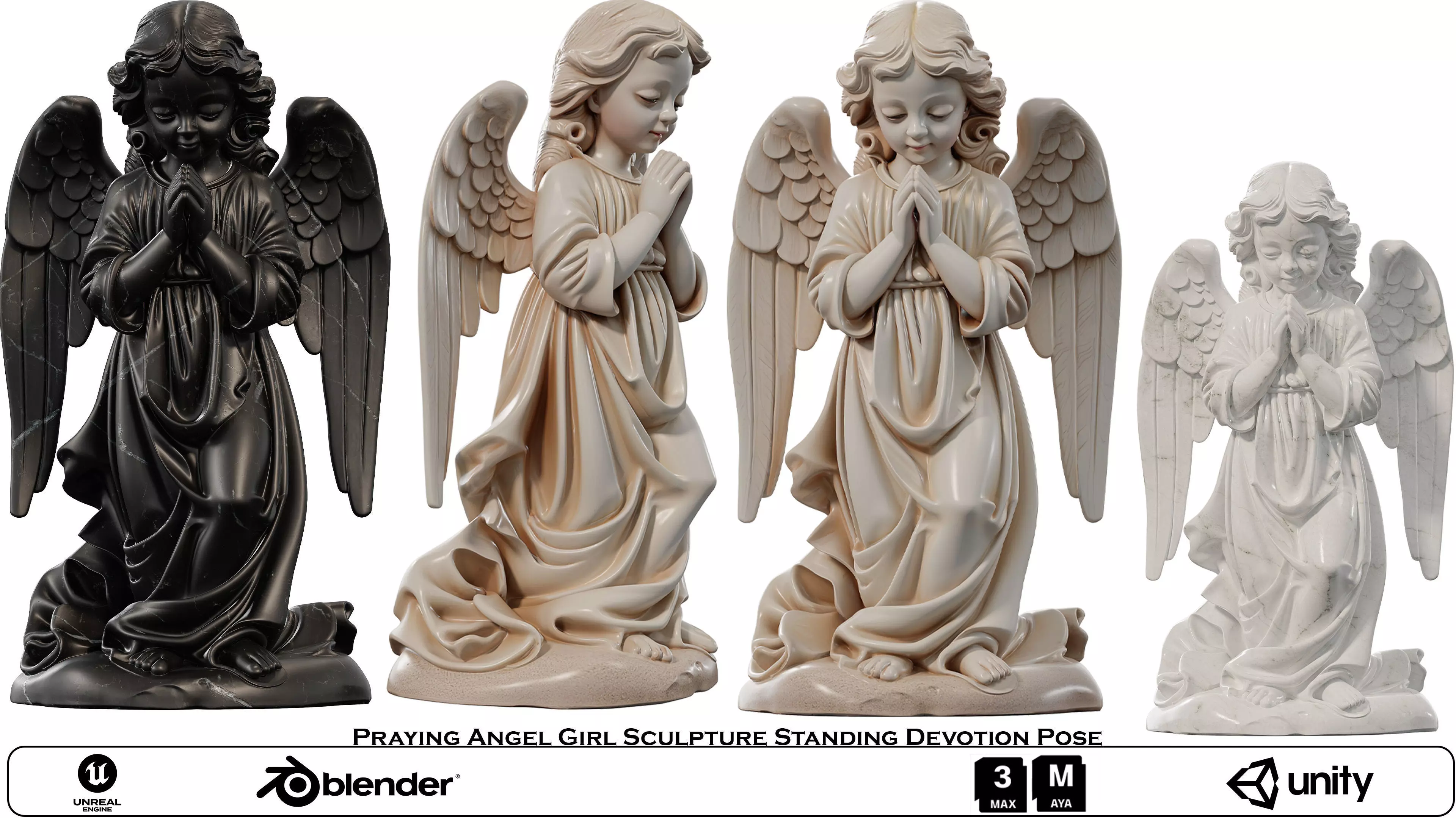 Praying Angel Girl Sculpture Standing Devotion Pose Low-poly 3D model