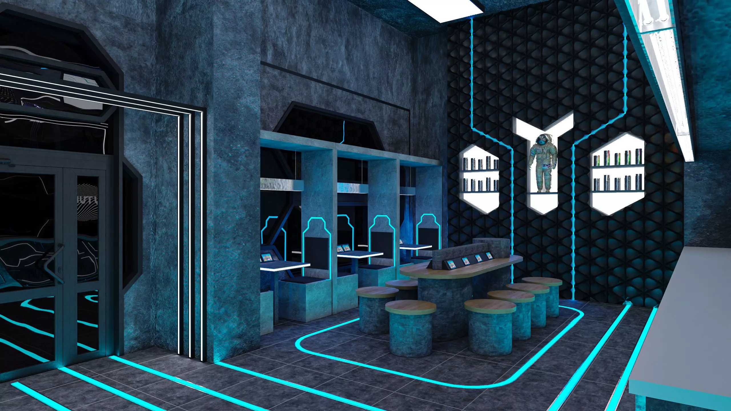Futuristic Space-Themed Cafe Design Summary 3D model_0