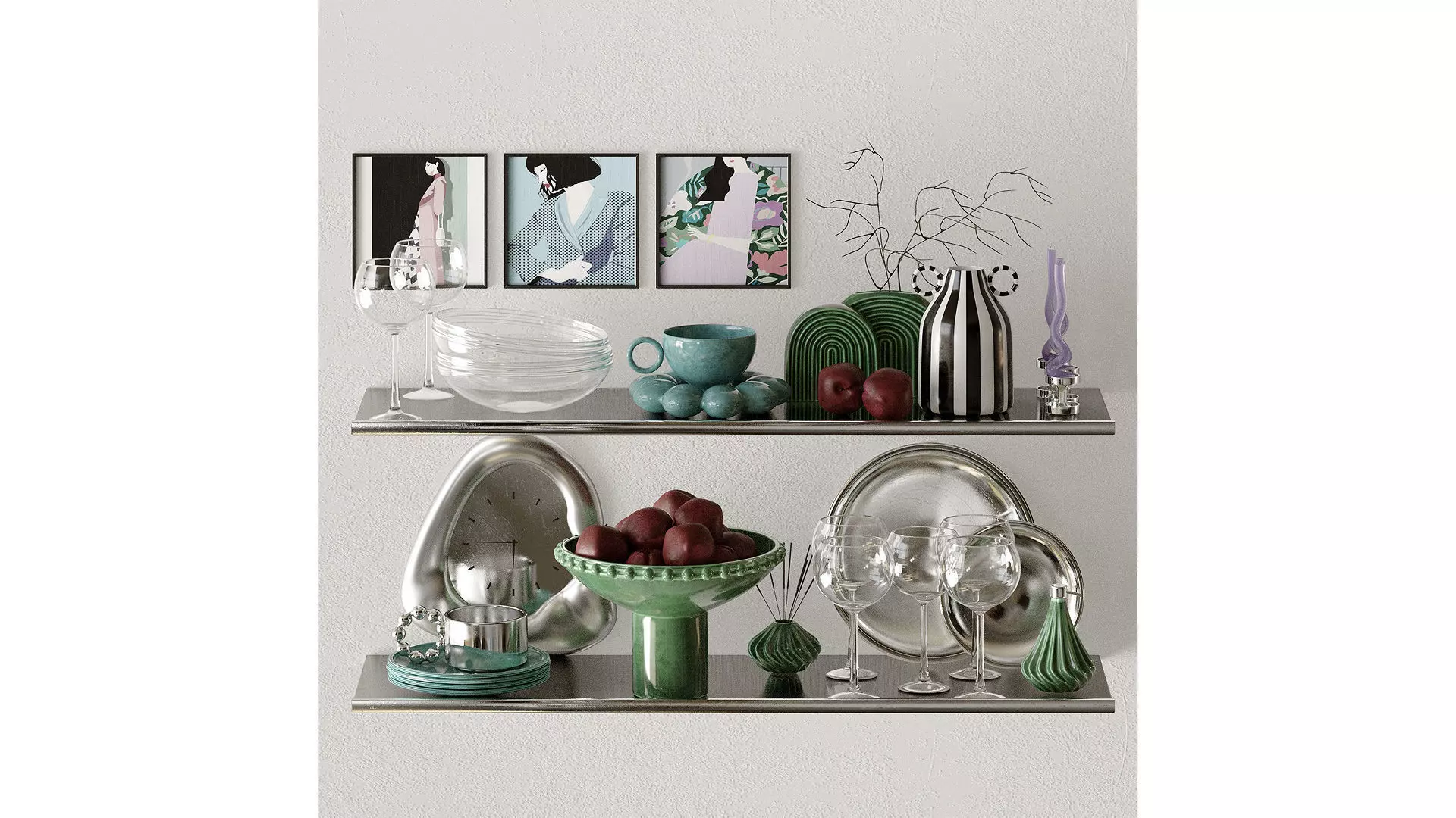 Retro kitchen set with plums 3D model_2