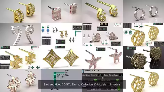 Stud and Hoop 3D STL Earring Collection 13 Models