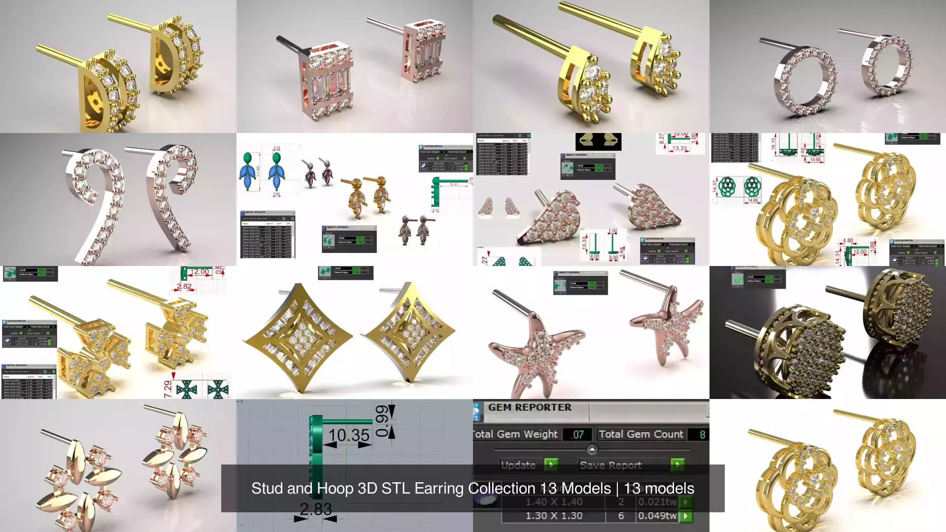 Stud and Hoop 3D STL Earring Collection 13 Models 3D Model Pack