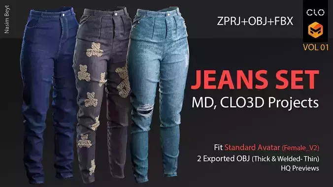 3 Different Female Jeans Sets VOL 01-MD-ClO3D-OBJ-FBX