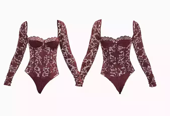 Floral Lace Long-Sleeve Corset Bodysuit 177 3D Model