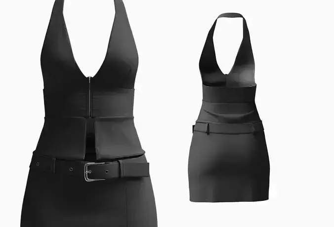 Dark gray Halter neck Top Mini skirt sets with Belt 3D Model