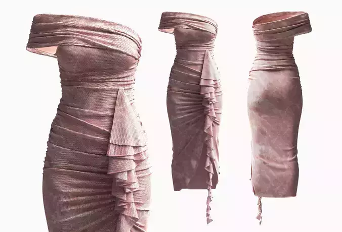 Dusty rose One-Shoulder Ruched Ruffle Mesh Dress 3D model