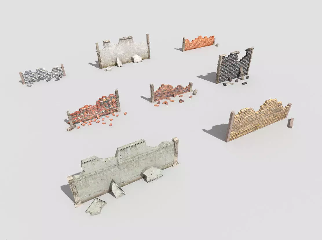 8 broken walls pack Low-poly 3D model_0