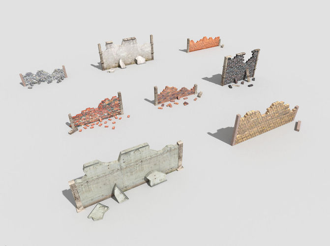 8 broken walls pack Low-poly 3D model