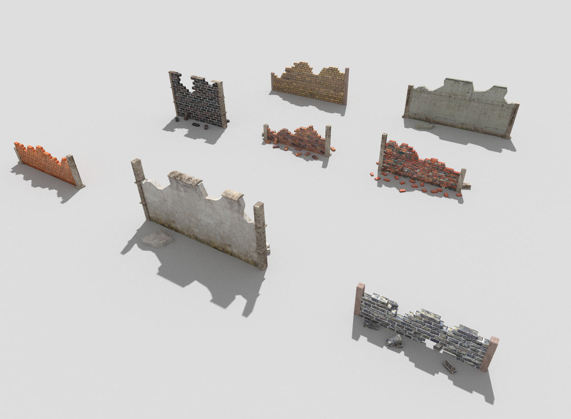 8 broken walls pack Low-poly 3D model_1