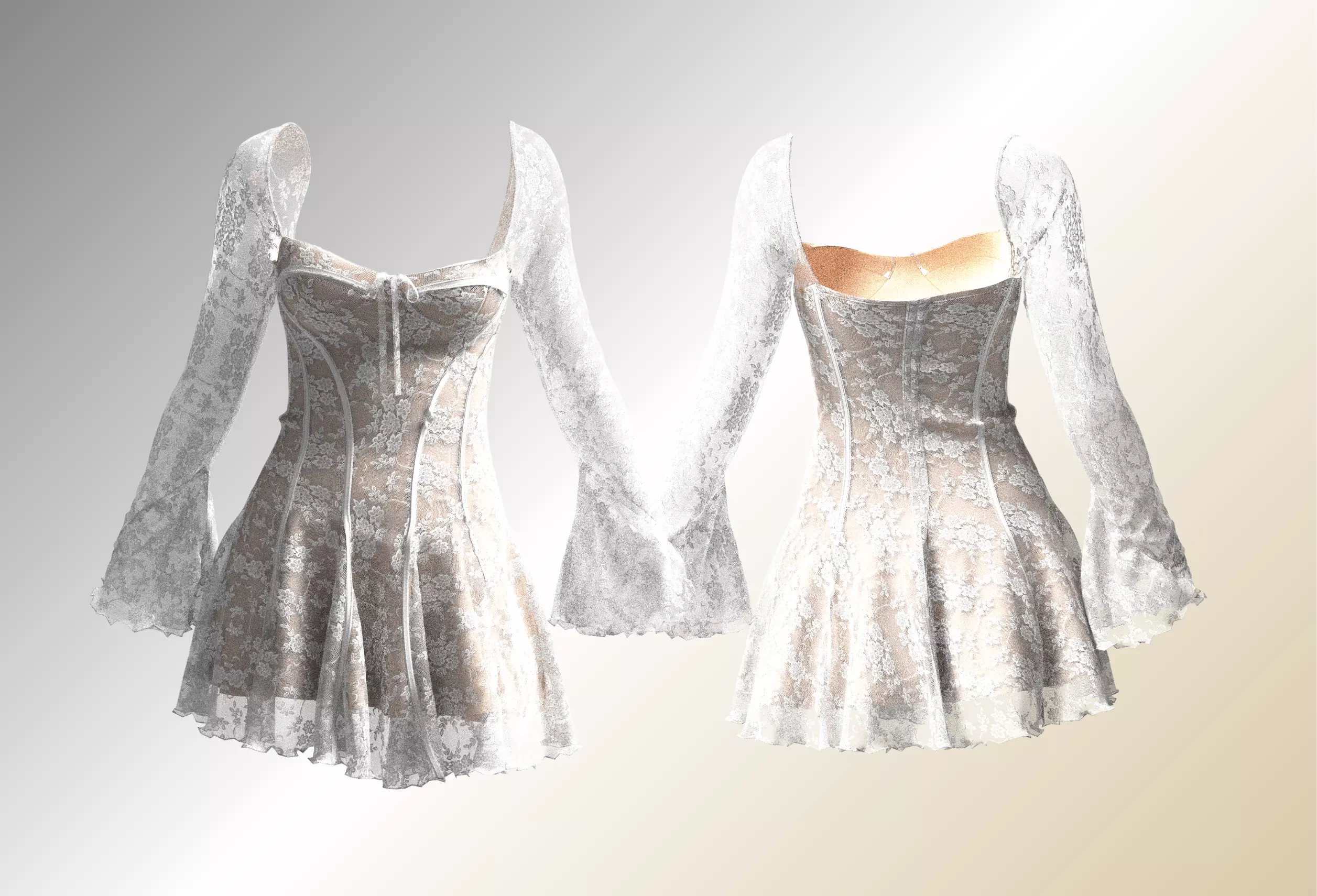 Floral Lace Corset Flare Sleeve Mini Dress 3D Model 3D model | CGTrader