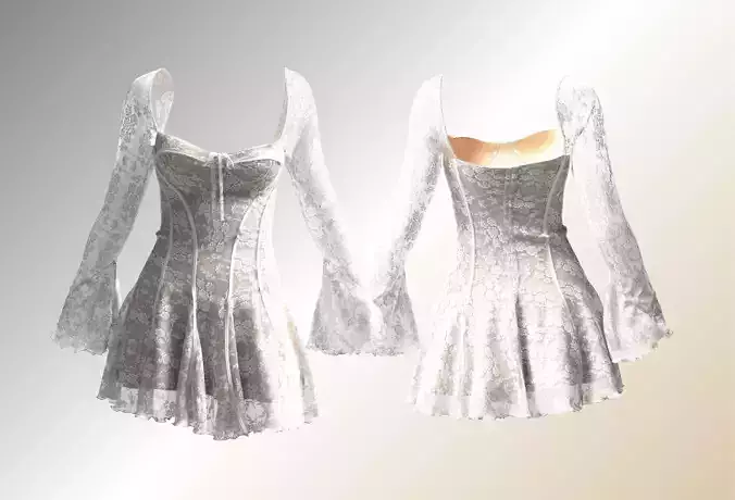 Floral Lace Corset Flare Sleeve Mini Dress 3D Model