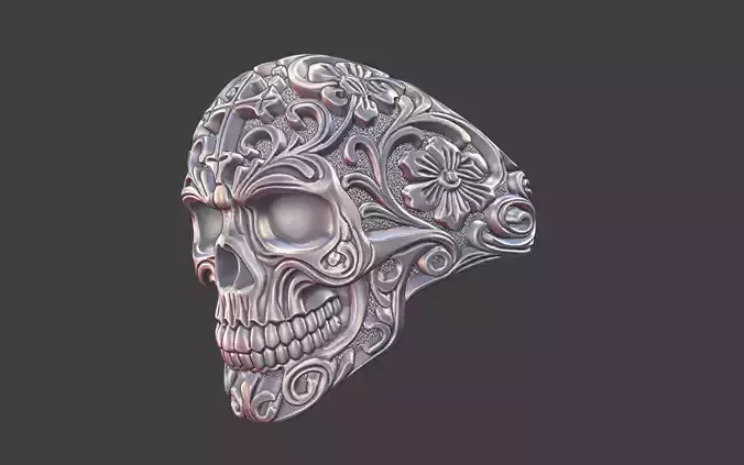 ornamental scrollwork floral skull ring silver