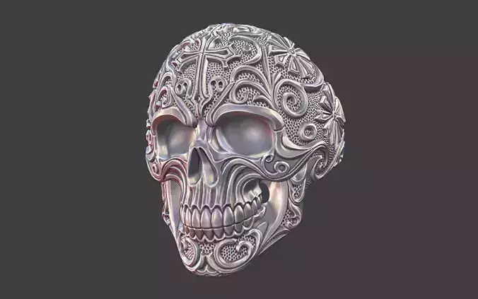 ornamental scrollwork skull ring silver