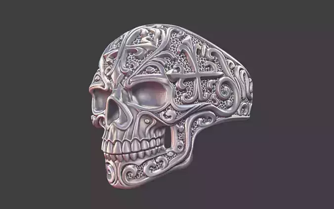 Hammered Skull Ring With Cross