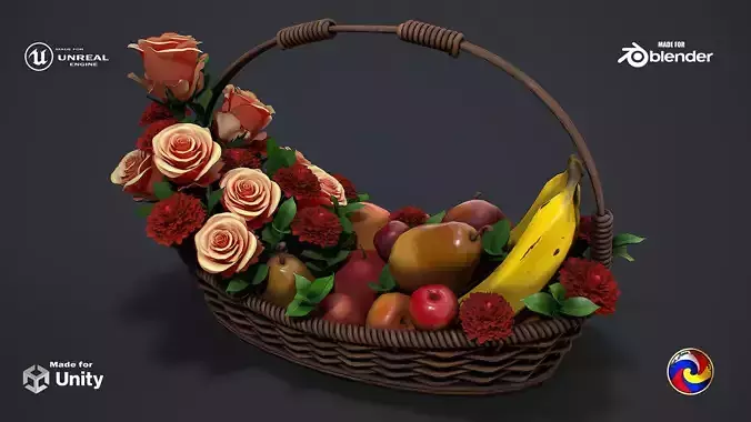 Basket with flowers and fruits 3d model