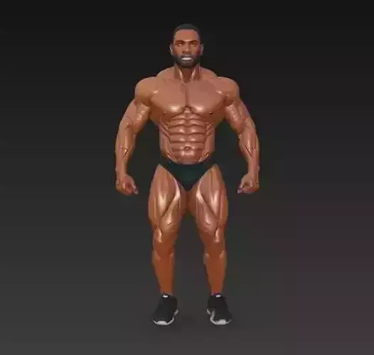 A very muscular bodybuilder in black posing trunks and sneakers