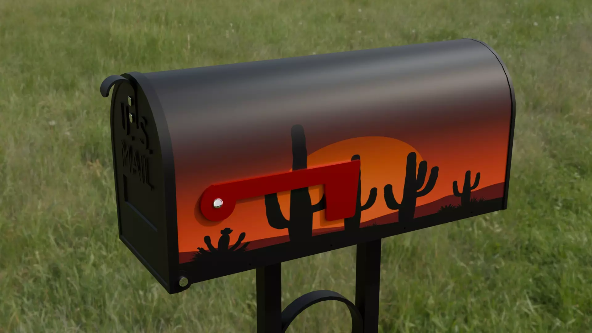 Painted Mailbox with Desert Sunset Low-poly 3D model_0