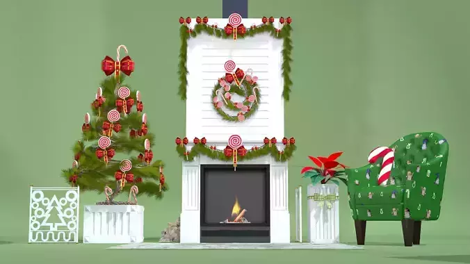 Christmas Lollipop Fireplace Full 3D Model