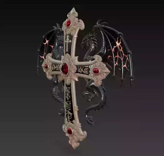 Gothic Dragon Cross - Dark Fantasy Winged Dragon Sculpture