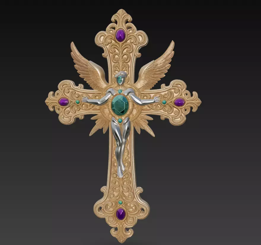 Celestial Winged Relic Cross - Mystical Silver Figure Sculpture 3D print model