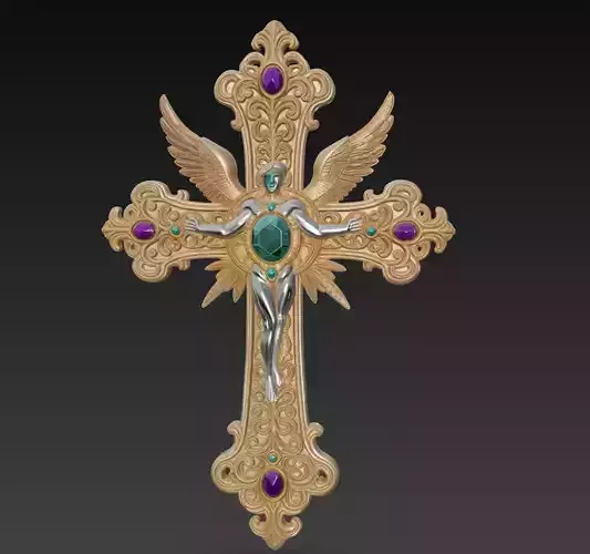 Celestial Winged Relic Cross - Mystical Silver Figure Sculpture