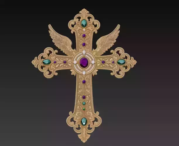 Ornamental Winged Jewel Cross - Decorative Sacred Sculpture