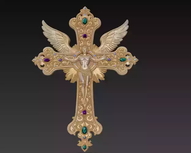 Ornate Winged Cross - Celestial Figure Sacred Sculpture 3D Model