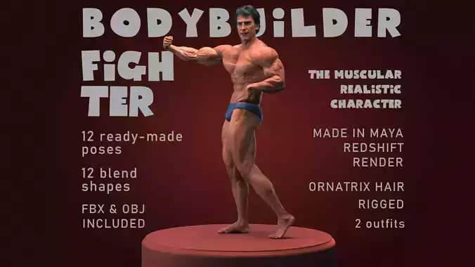 Rigged anatomic realistic male character Bodybuilder and Fighter