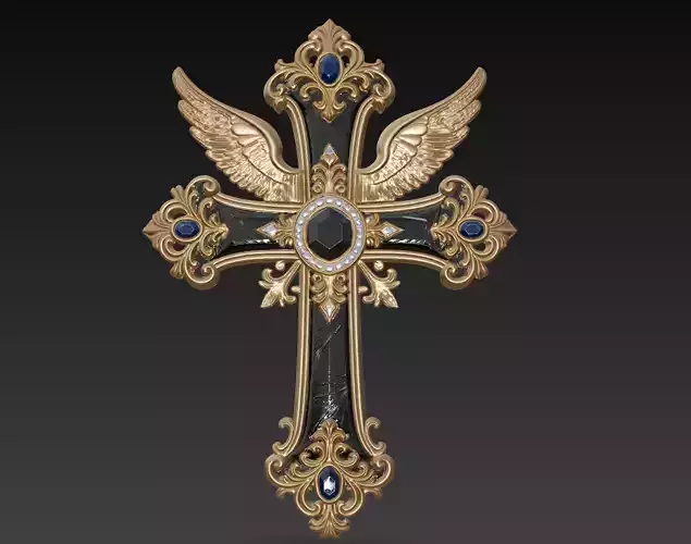 Divine Winged Cross - Ornate Blue Gem Sacred Baroque Relic